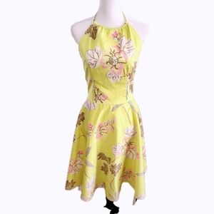 TRACY & MICHAEL Lime Floral Halter Dress | Designer Fit & Flare Sun Dress 38/4